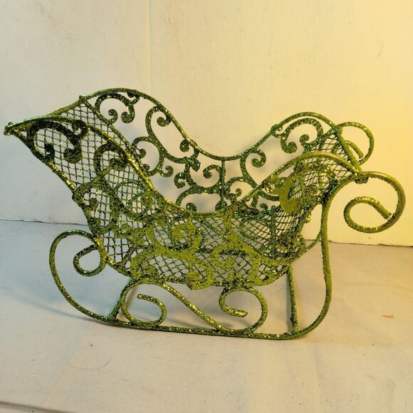Green Sleigh Glitter Wire Mesh Decorative Vintage Christmas Centerpiece - Picture 1 of 9